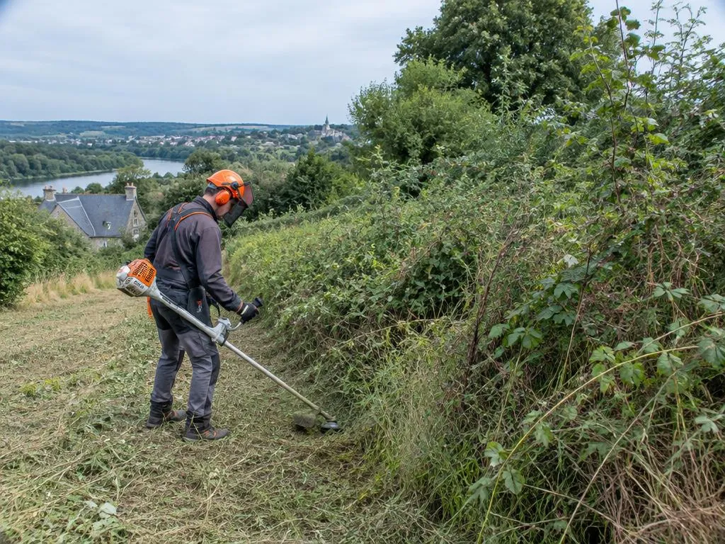 Débroussaillage d'un talus envahi de ronces au-dessus de la Loire près de Saumur